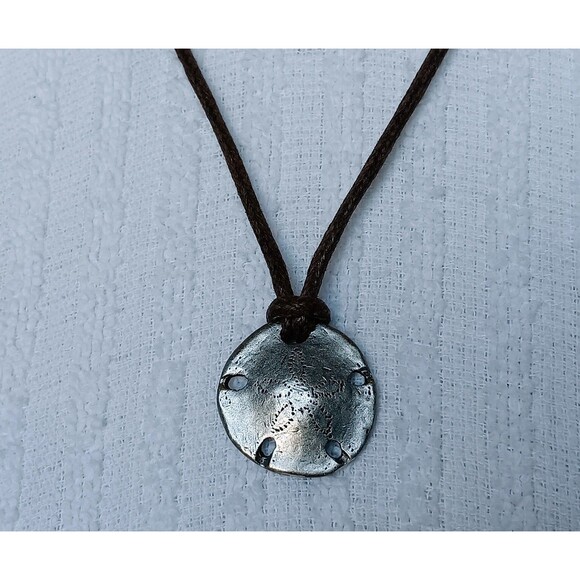 Boho Pewter Sand Dollar Pendant Necklace Adjustable Brown Cord 22 in - Picture 2 of 8
